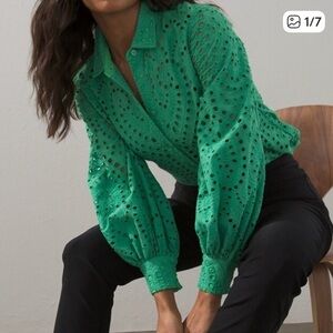 Chico's Grass Green Eyelet Button Up Cotton Balloon Long Sleeve Shirt Blouse